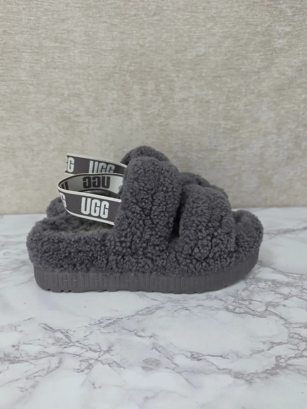 UGG Oh Fluffita Sheepskin Women's Slipper Slide Platform Sandals Gray